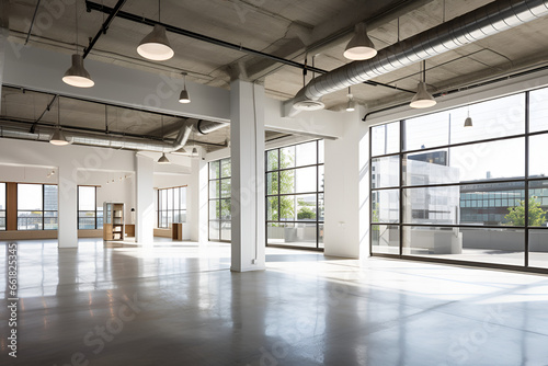 Bright and spacious industrial loft office with large windows and minimalist design elements