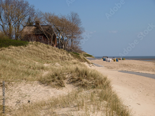 Thatched Cottage Overlooking a Sandy Beach with Colorful Beach Huts in the Distance