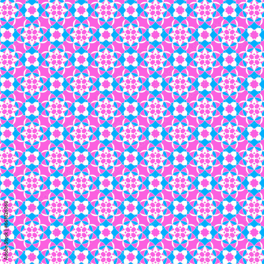 Simple abstract geometric floral fabric and paper pattern with blue, white and pink mosaic motifs Simple abstract geometric floral fabric and paper pattern with blue, white and pink mosaic motifs