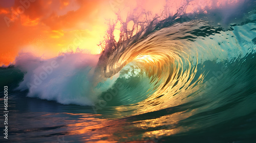 Huge waves at sunset in hawaii , Colorful ocean wave. Sea water wave shape. Sunset light and beautiful clouds on beach background