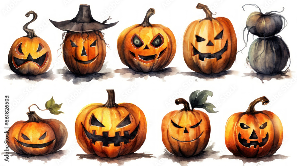 Watercolor painting of a Halloween pumpkins in black colours tones.