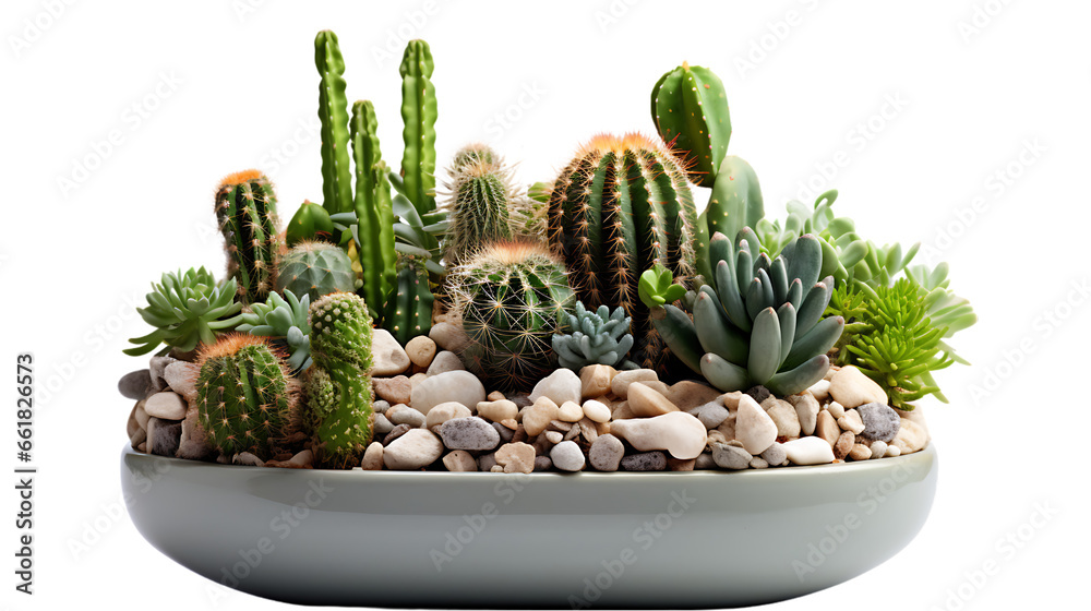 Mini Cactus Garden in Wide Flat Pot Isolated on Transparent or White Background, PNG Mini Cactus Garden in Wide Flat Pot Isolated on Transparent or White Background, PNG