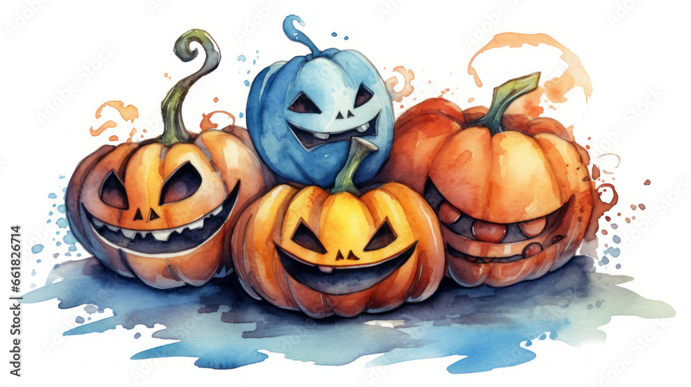 Watercolor painting of a Halloween pumpkins in blue colours tones. Watercolor painting of a Halloween pumpkins in blue colours tones.