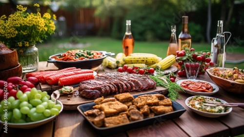 A backyard barbecue birthday celebration with a delicious spread of grilled meats, salads, and refreshing drinks.