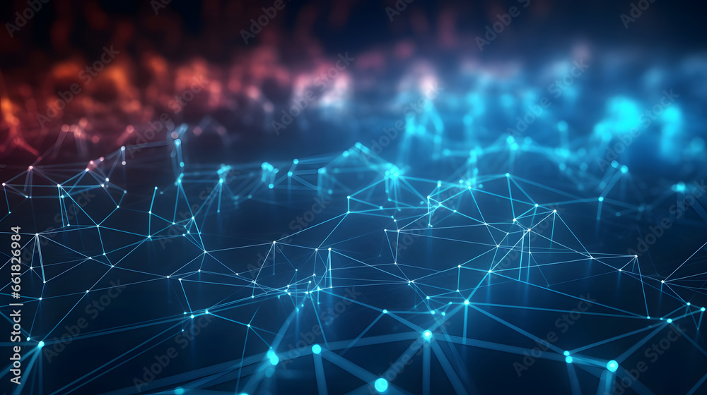 Blue abstract background with a network grid and particles connected. 