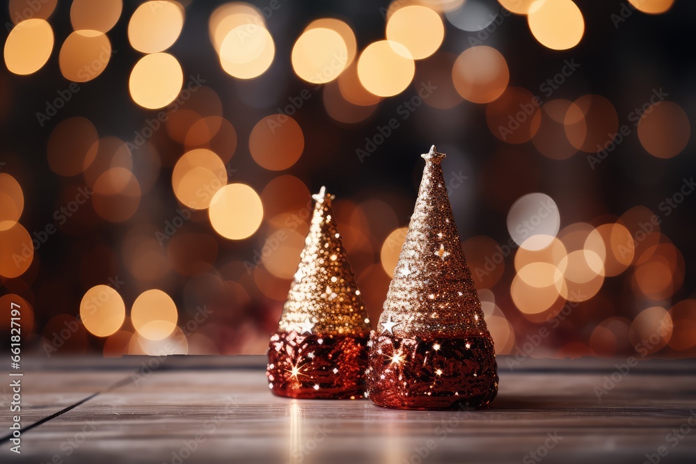 Christmas tree decoration on bokeh background. New Year concept. A Cozy Maroon Christmas Background with Bokeh Lights and Christmas Tree.