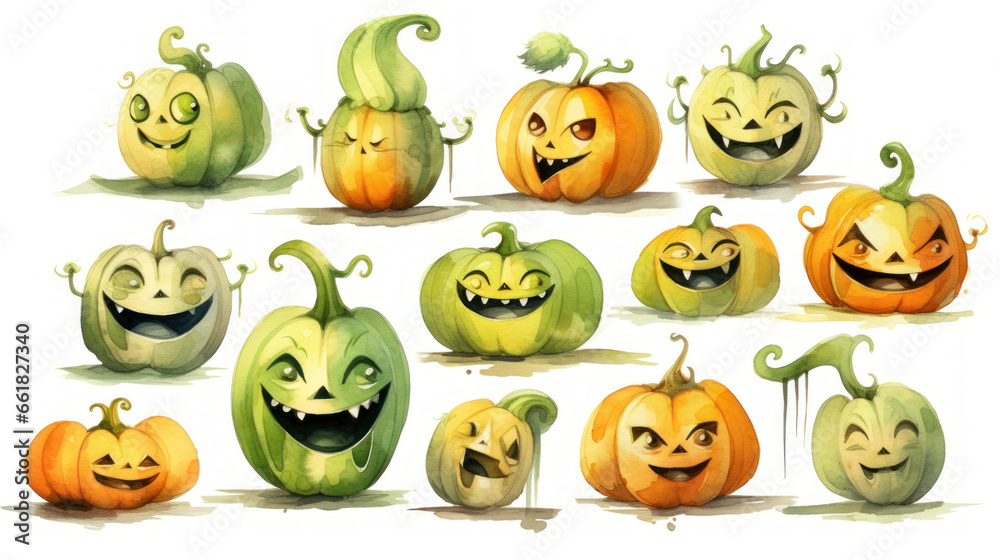 Watercolor painting of a Halloween pumpkins in light lime colours tones. Watercolor painting of a Halloween pumpkins in light lime colours tones.