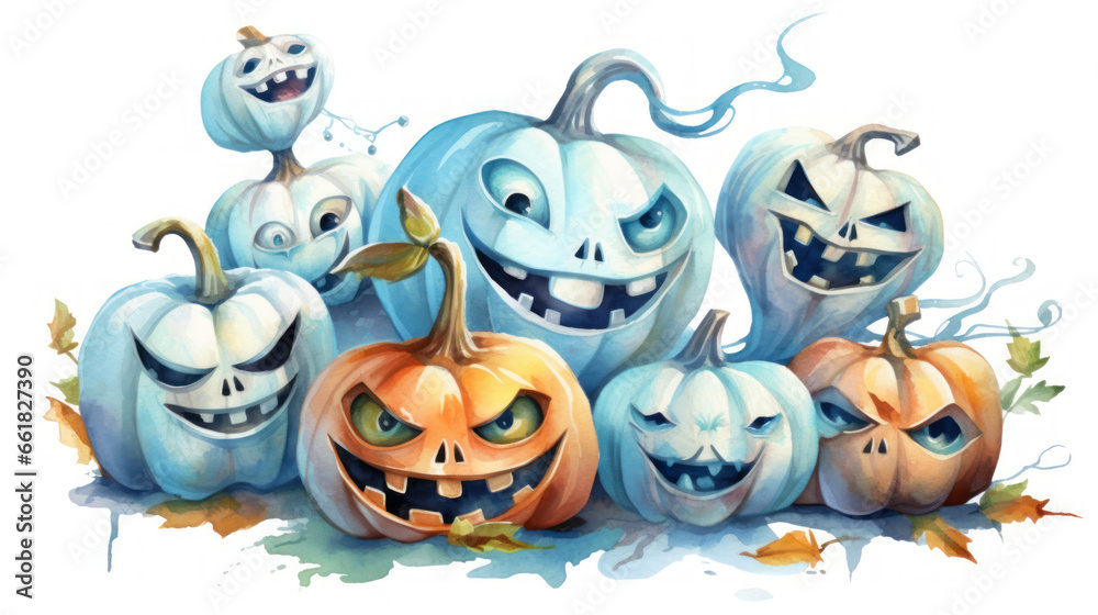 Fototapeta premium Watercolor painting of a Halloween pumpkins in light blue colours tones.
