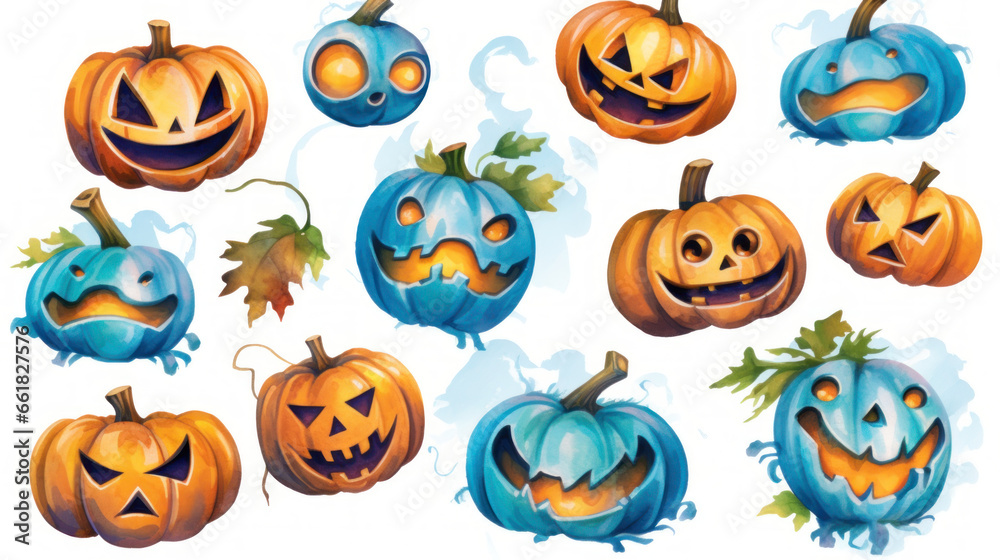 Watercolor painting of a Halloween pumpkins in vivid cyan colours tones. Watercolor painting of a Halloween pumpkins in vivid cyan colours tones.