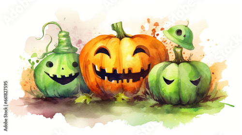 Watercolor painting of a Halloween pumpkins in vivid green colours tones. © darkredmon
