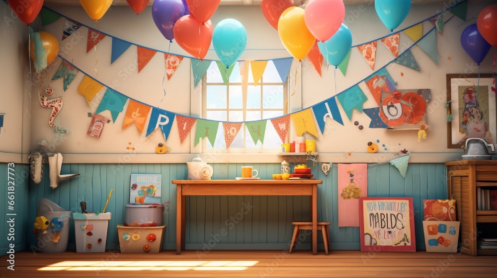 A birthday banner strung across a room, featuring bright colors and playful designs, creating a festive atmosphere.