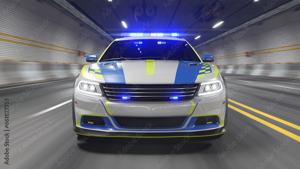 European Police Car with Flashing Emergency LED Lights is Driving through the Tunnel European Police Car with Flashing Emergency LED Lights is Driving through the Tunnel