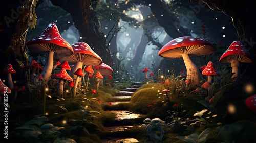 magical forest filled with glowing mushrooms and faeries. a fantasy forest filled with mushrooms and tree