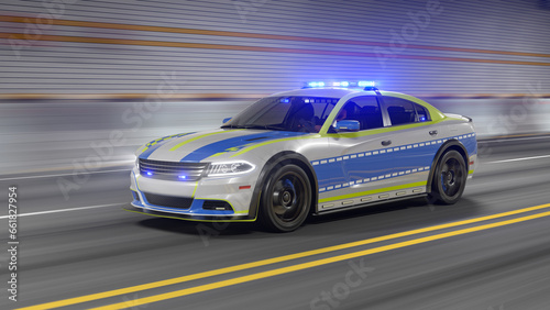 European Police Car with Flashing Emergency LED Lights is Driving through the Tunnel © temp-64GTX