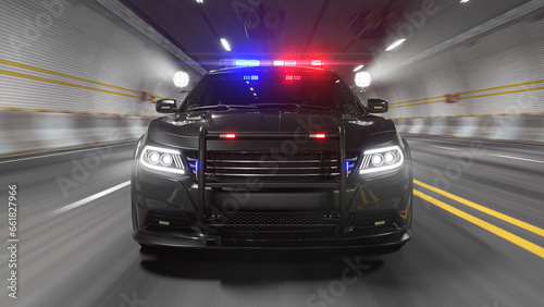 Police Car with Flashing Emergency LED Lights is Driving through the Tunnel © temp-64GTX