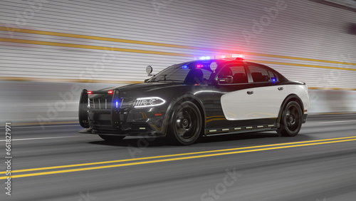 Police Car with Flashing Emergency LED Lights is Driving through the Tunnel
