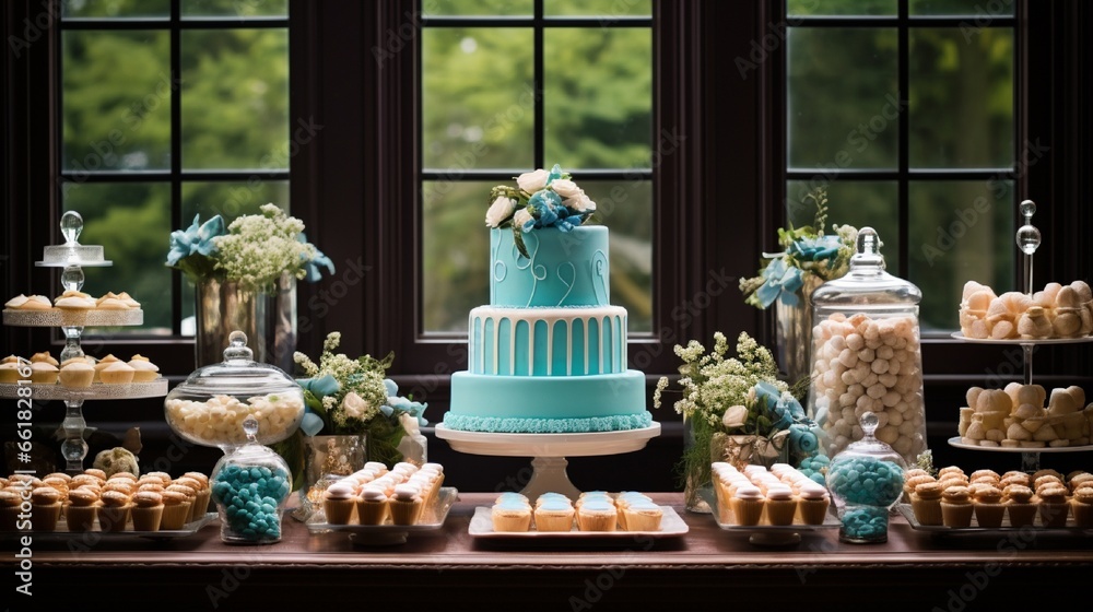 A birthday dessert table featuring a variety of sweet treats, cupcakes, and a beautifully decorated cake as the centerpiece.
