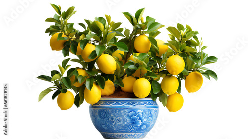 Lemon Tree with Fruit in a Blue Pot Isolated on Transparent or White Background, PNG