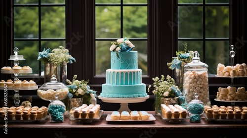 A birthday dessert table featuring a variety of sweet treats  cupcakes  and a beautifully decorated cake as the centerpiece.