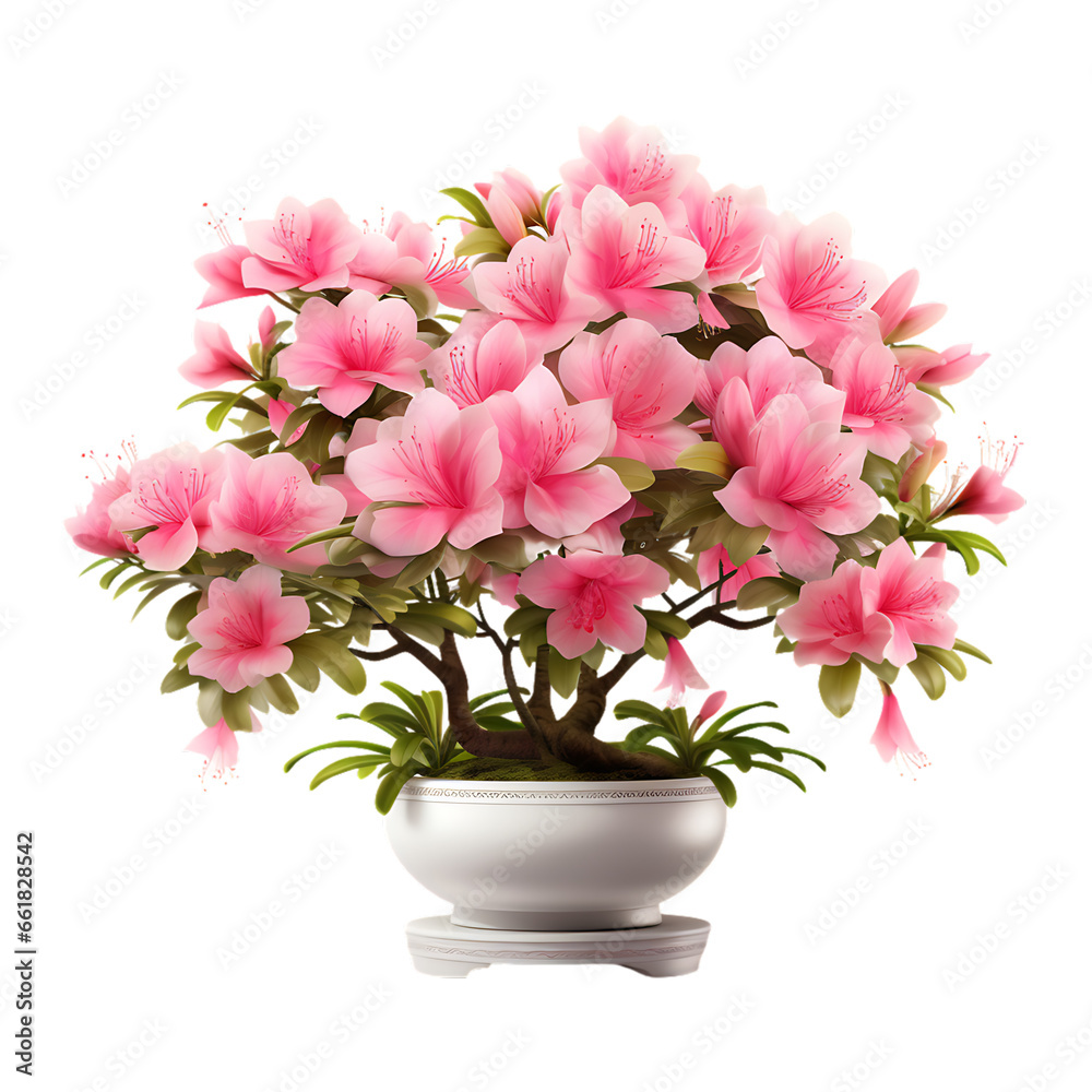Azalea with Pink Blossoms in a White Pot Isolated on Transparent or White Background, PNG