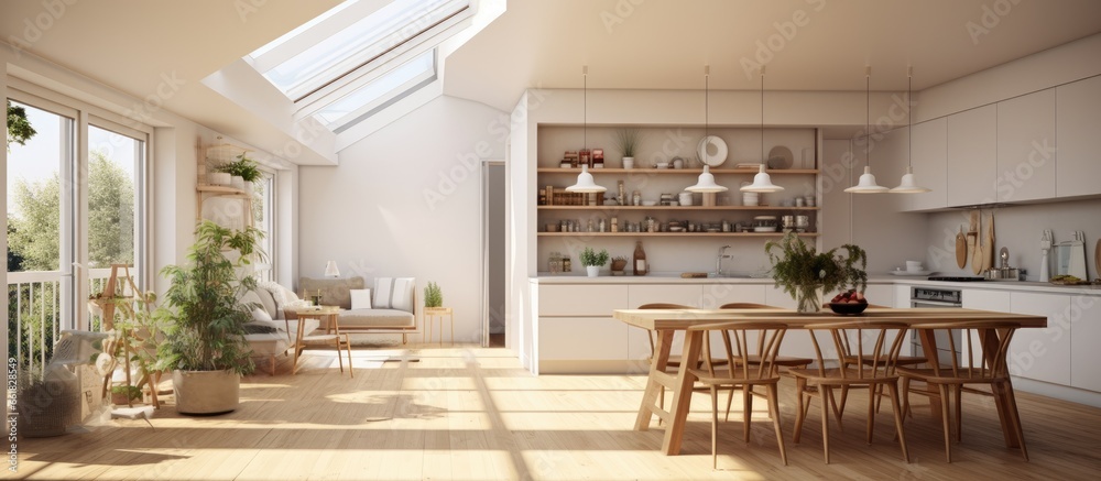 Open plan living area with wooden flooring and kitchen skylights in the dining room With copyspace for text