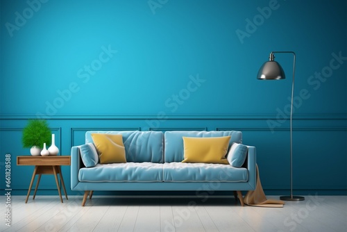 Blue themed living room interior template, a 3D rendered frame mock up © Jawed Gfx