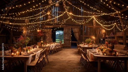 A charming and rustic barn transformed into a birthday celebration space  with string lights  colorful decorations  and joyous festivities.