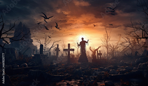 zombi andando por cementerio entre tumbas al atardecer en puesta de sol, sobrevolando pájaros negros