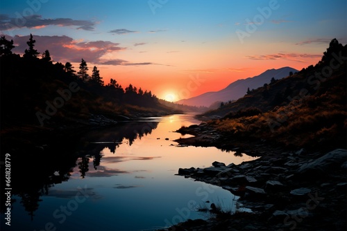 Autumns serene embrace a blue mountain lake at twilights orange