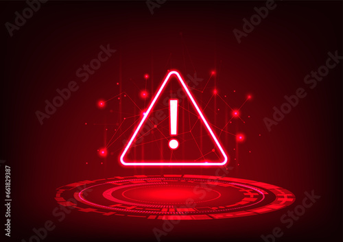 Notification technology, alert symbol above technology circle Conveys notification of technological system errors in processing.