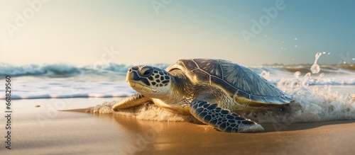 Olive ridley turtle leaving the sea for egg laying With copyspace for text photo