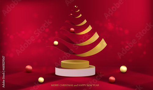 Christmas card with gold podium and ribbon tree background. Holiday winter design with place to display product sale or gift. Happy New Year vector.