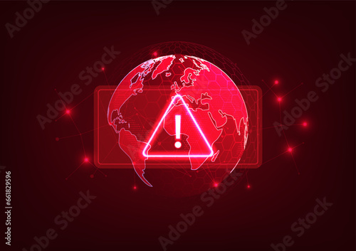 Notification technology World alert symbol with connecting lines background Showing the theft of global technology data.