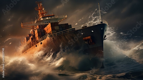 cargo ship braving turbulent seas