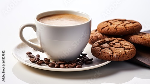 comforting scene of coffee paired with homemade chocolate cookies, set on a white background for a minimalist look