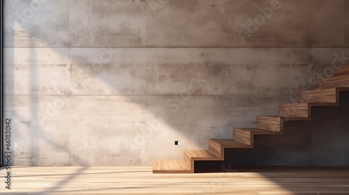 A 3D rendering mockup offers a panorama of steps made of wood and cement between wooden and concrete walls at the entrance.