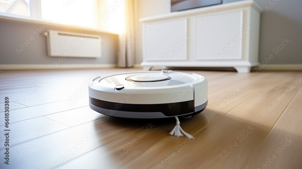 Robot vacuum cleaner on hardwood floor at home. smart home concept Robot vacuum cleaner on hardwood floor at home. smart home concept