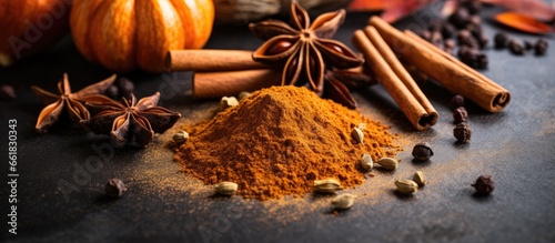 Organic pumpkin spice blend with cinnamon allspice nutmeg and ginger With copyspace for text photo