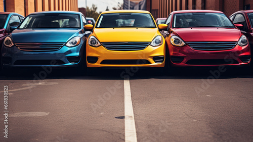 neat row of cars, each in a different hue, creating a colorful palette in the parking area © PRI