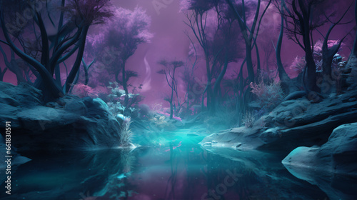 An enchanting woodland saturated in magical blue-green and lavender hues transports viewers to a mystical kingdom.