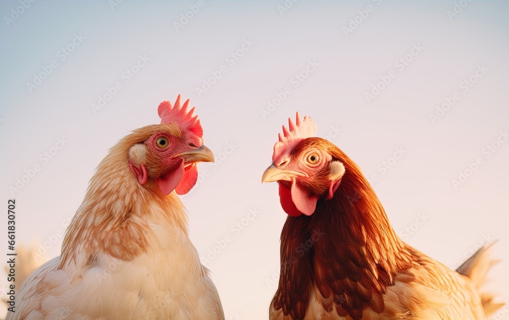 Fototapeta premium Brown hens. Great for stories about chickens, organic farming, poultry farming, homesteading, food supply, livestock and more. 