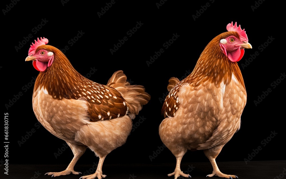 Fototapeta premium Brown hens. Great for stories about chickens, organic farming, poultry farming, homesteading, food supply, livestock and more. 