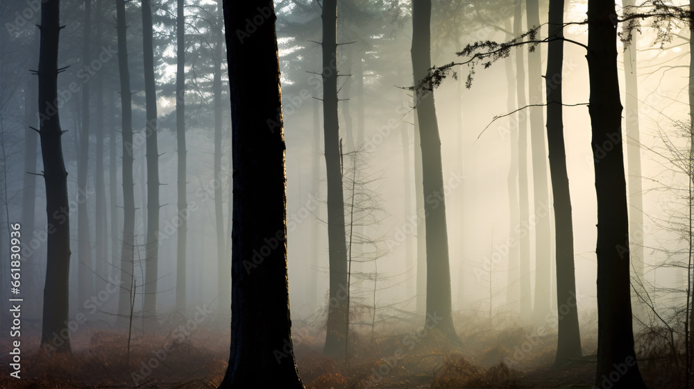 Obraz premium A misty, enigmatic morning enveloped the shadowy trees with a hazy radiance.