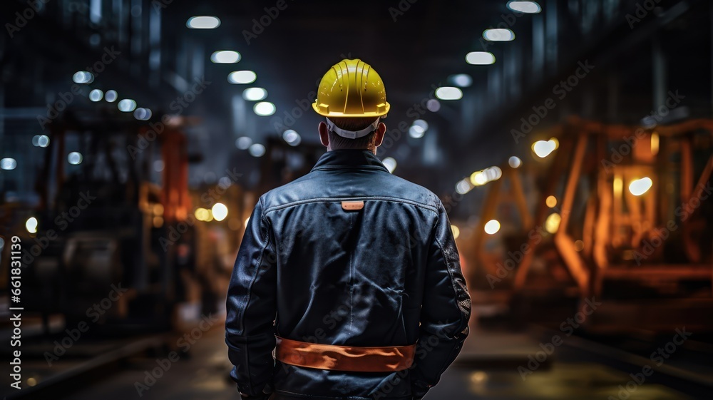 An industrial engineer, equipped with a hard hat and safety jacket, navigates through a bustling metalworking factory