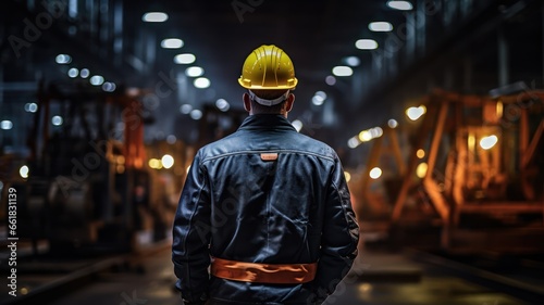 An industrial engineer, equipped with a hard hat and safety jacket, navigates through a bustling metalworking factory photo