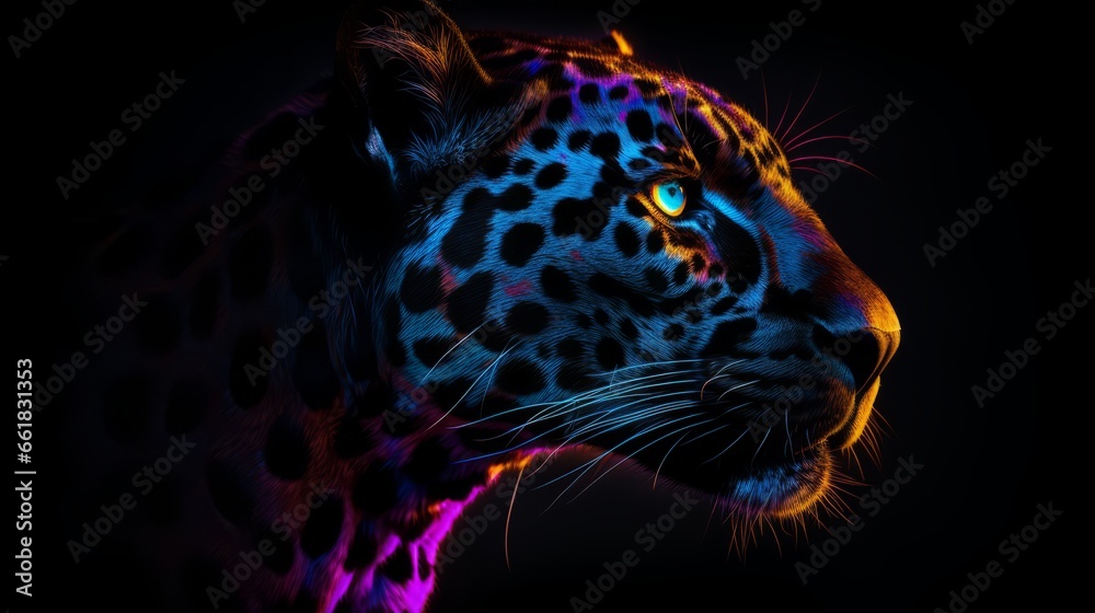 Photorealistic colorful black panter from side, black background. Generative AI