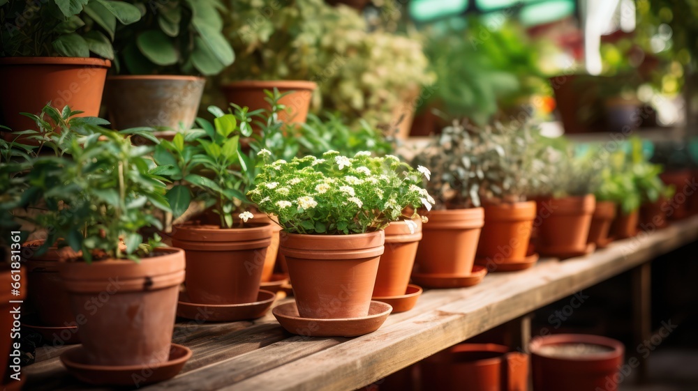 Fresh plants ready for repotting in vintage red pots