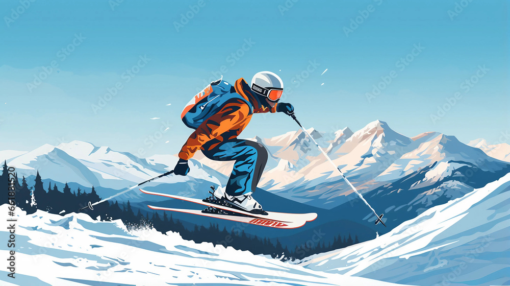 Jumping skier skiing. Extreme winter sports on mountain