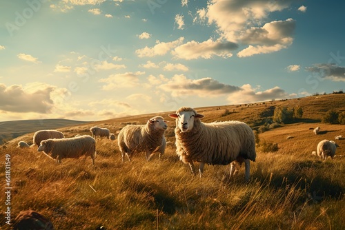 Flock of sheep grazing in a hill at sunset. group of sheep on field