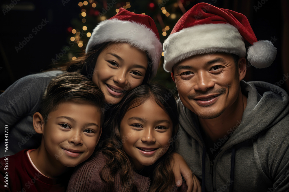 Family wearing Santa hats at home on Christmas background